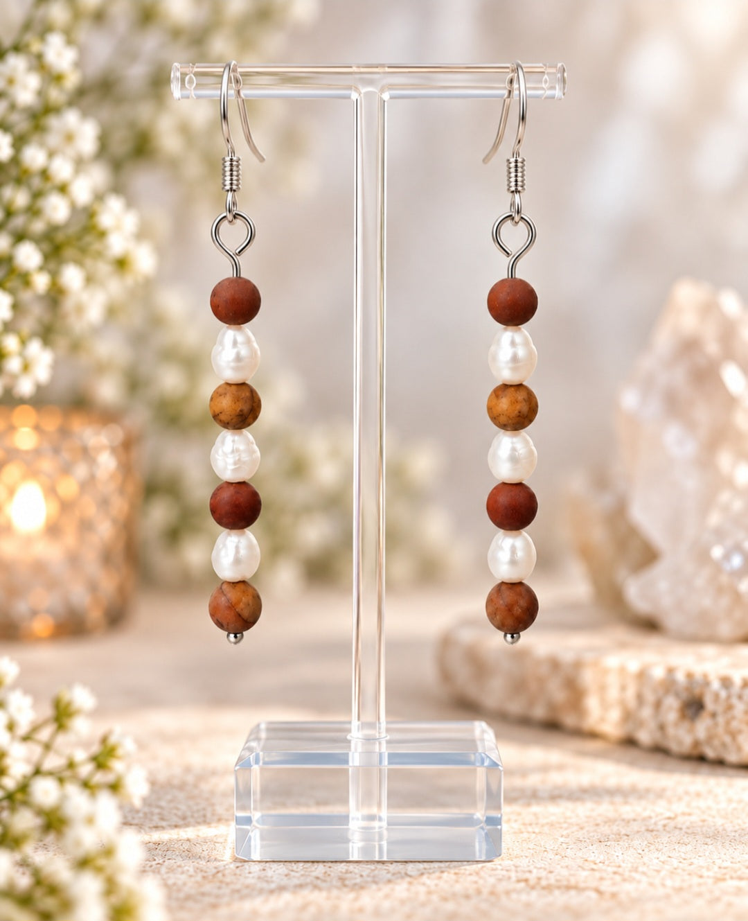 Tigers eye and freshwater pearl earrings