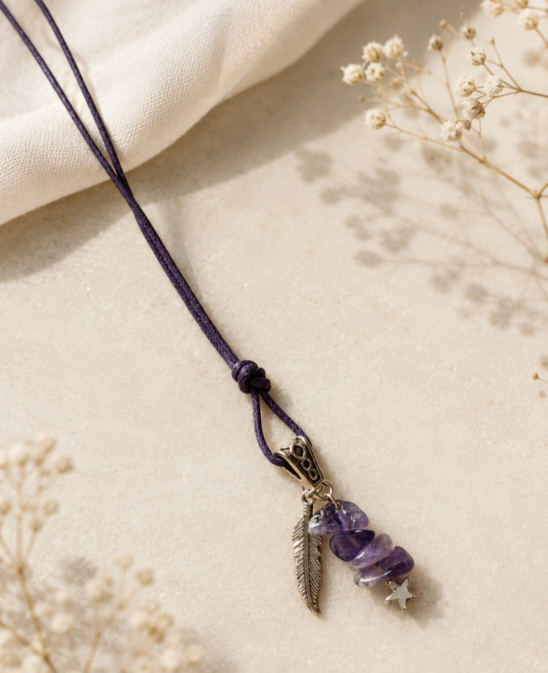Boho long pendant with amethyst stack