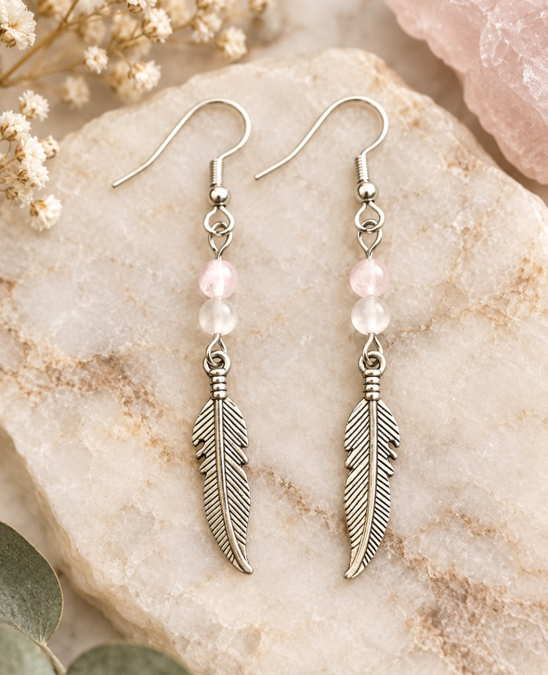 Rose quartz and moonstone feather earrings