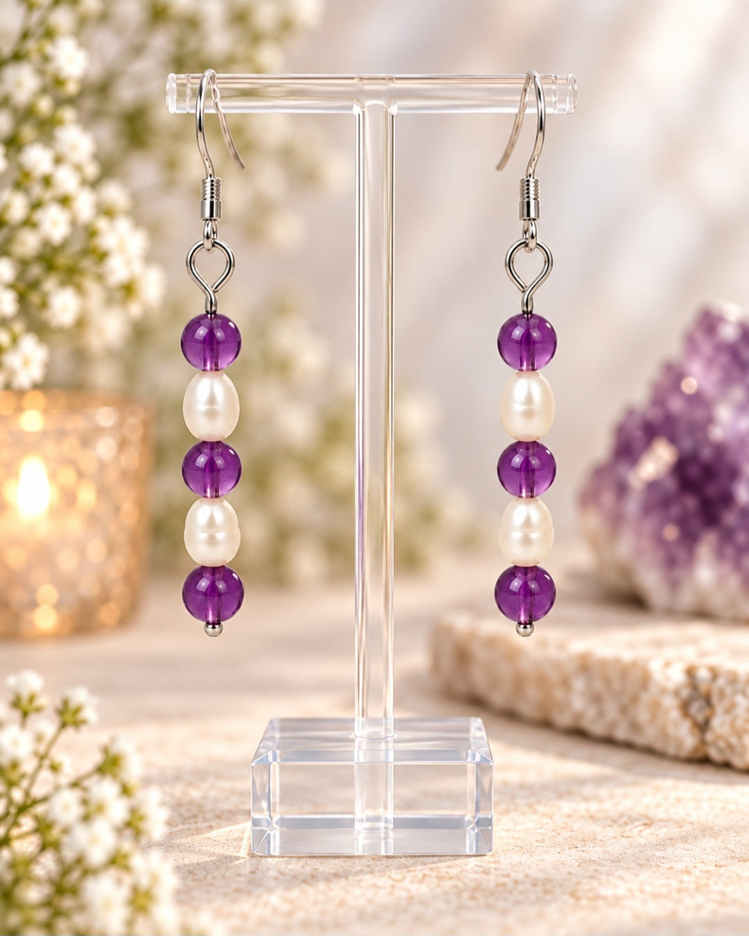 Amethyst and freshwater pearl earrings