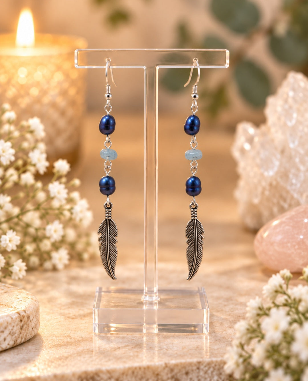 Freshwater pearl and aquamarine earrings
