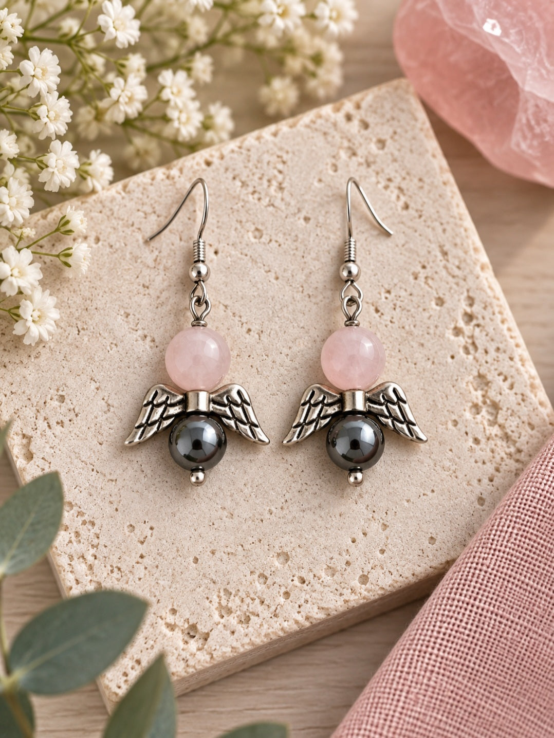 Rose quartz and hematite wing earrings