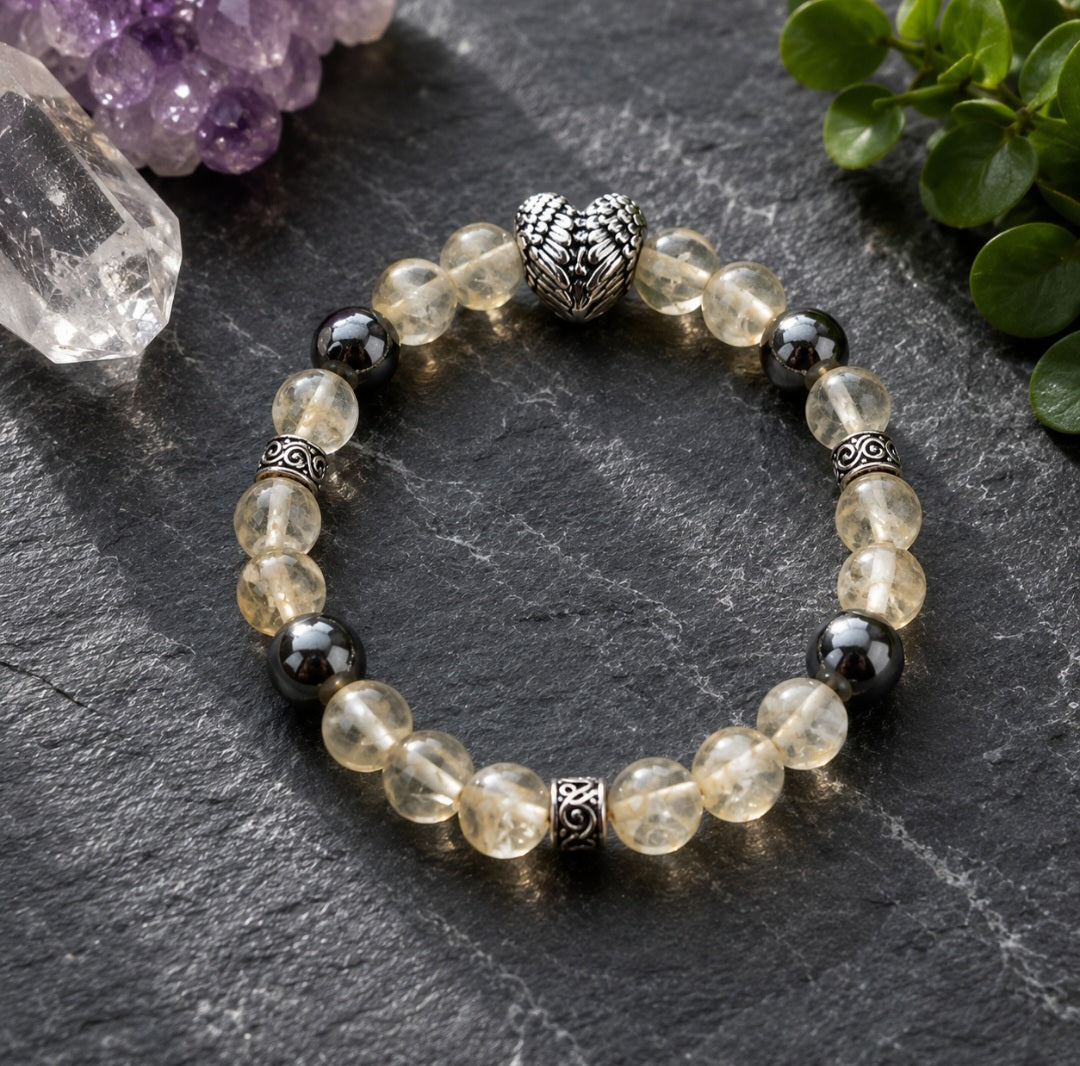 Citrine and hematite angelwings heart feature bracelet