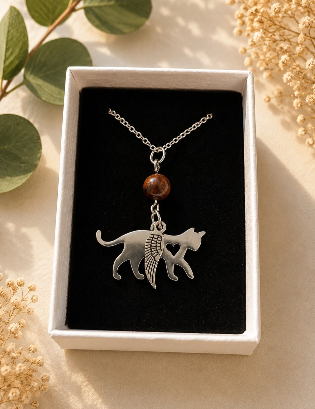 Cat and angel wing memory pendant with tigers eye