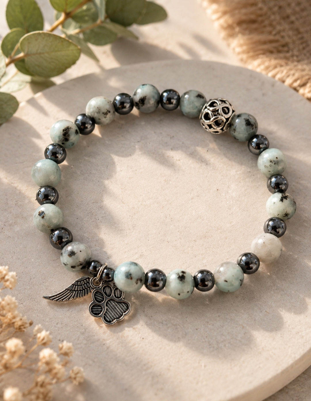 Kiwi jasper and hematite pet memory bracelet