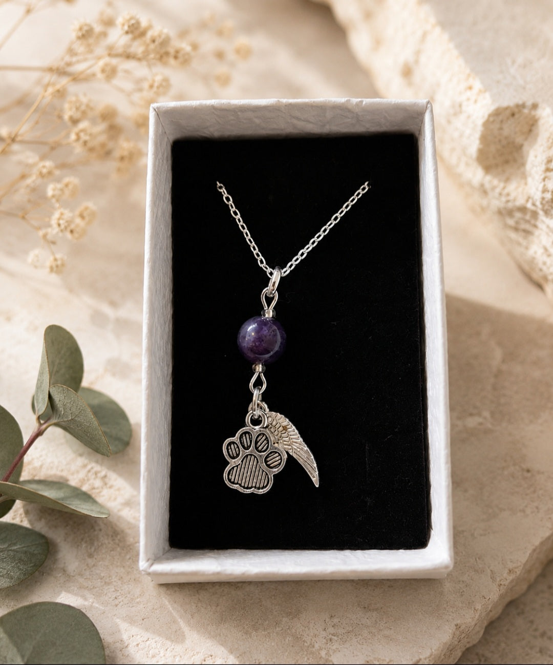 Amethyst and paw memory pendant