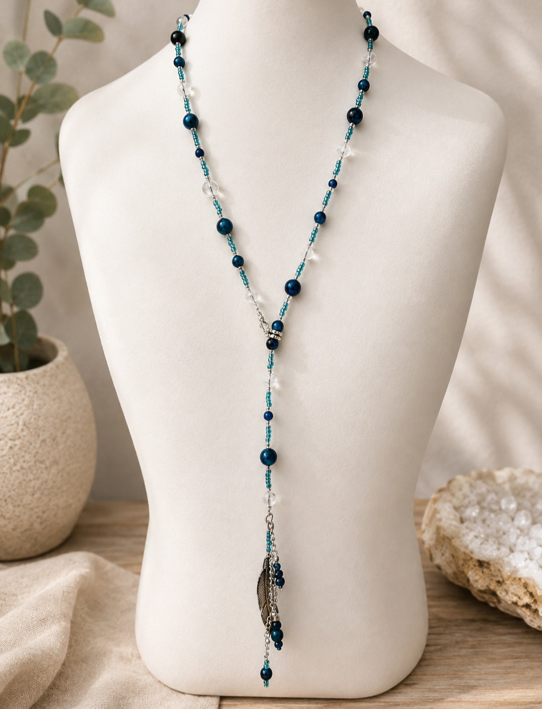 Statement long necklace with feather