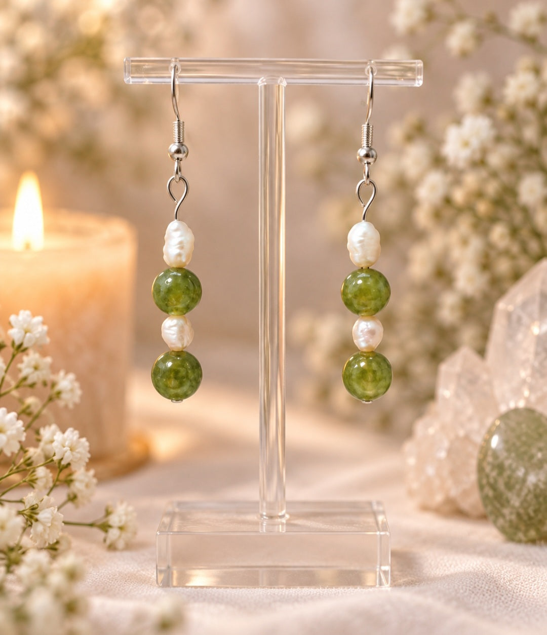 Peridot and freshwater pearl earrings